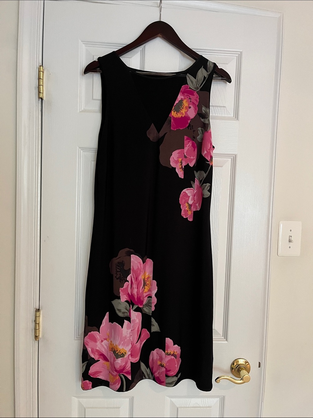 White House Black Market Black Midi Dress with Pink Floral. Reversible + clutch